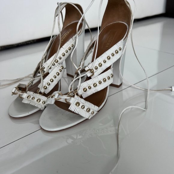 Aquazurra White Tulum Studded Fringe Lace -up Suede Sandals Size 38.5 NWOT - Picture 3 of 8